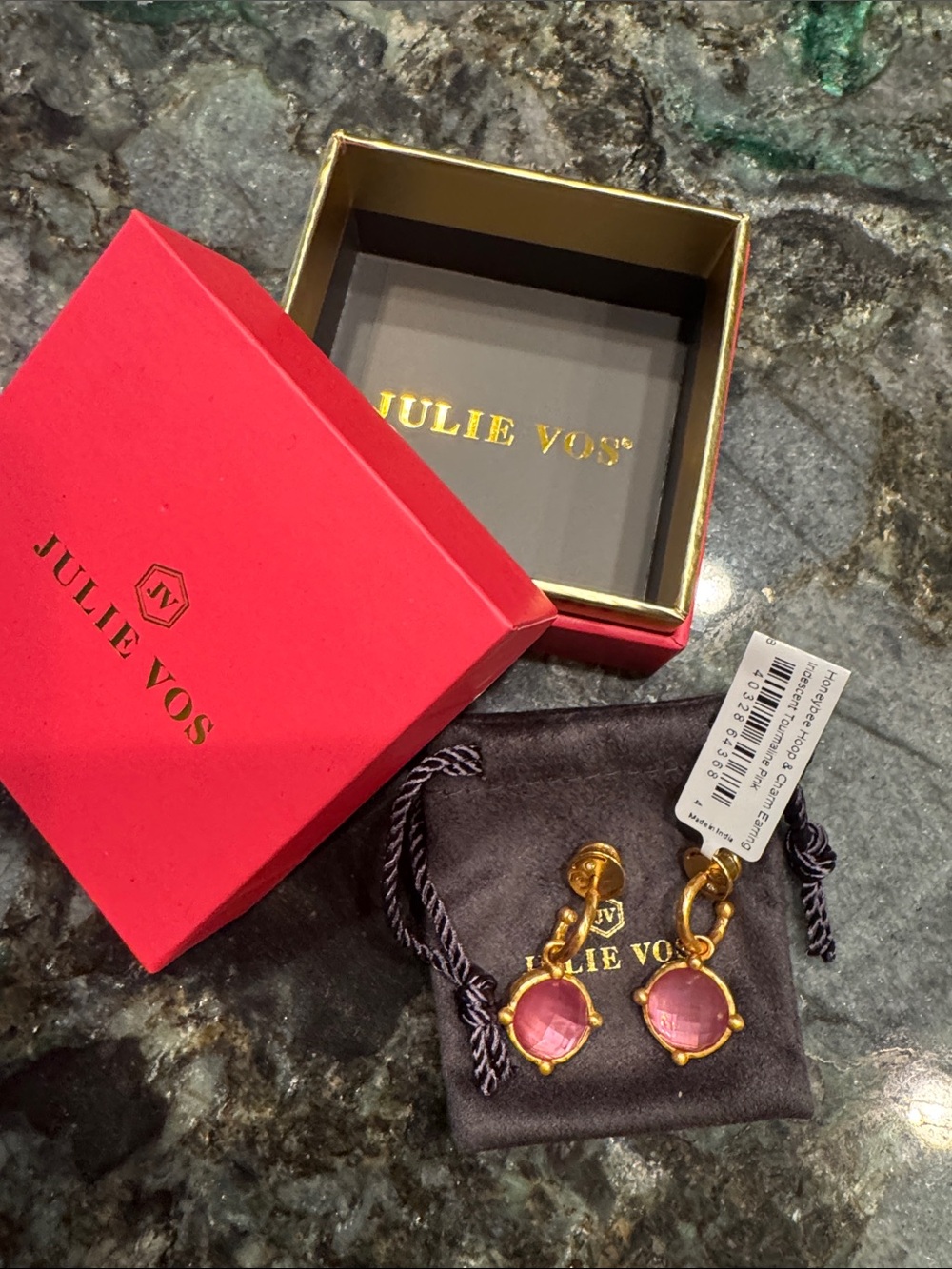 NWT - Julie Vos Honeybee Hoop & Charm Iridescent Pink Tourmaline Earrings